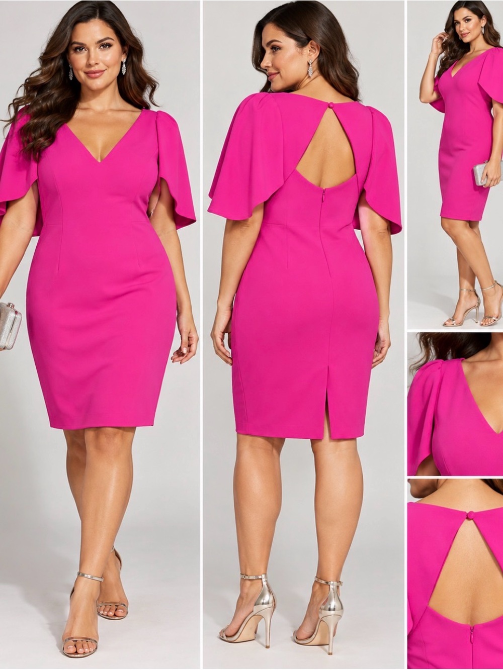 Jessica Howard Hot Pink Cape Sleeve Sheath Cocktail Dress NWT 14